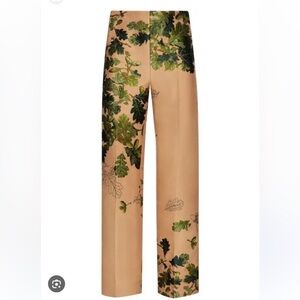 Oscar de la Renta Tan Wide-Leg Pants with Green acorn jacquard Oak Print 6 NWT